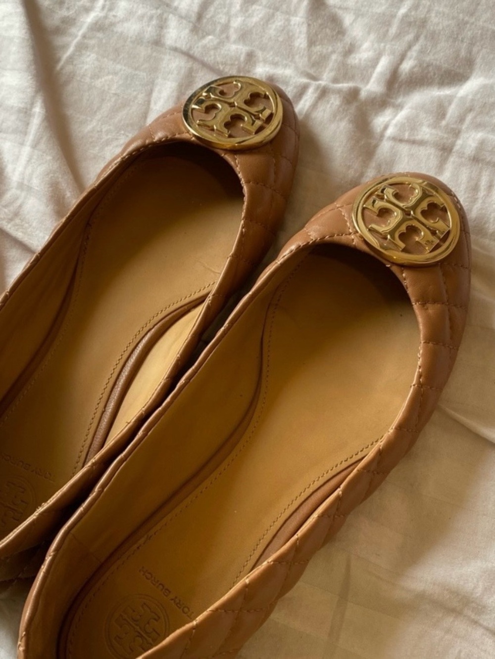 Tory Burch Cognac Quilted Leather Logo Ballet Flats
